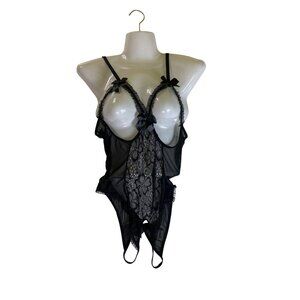 XL Crotchless Sexy Black Sheer Lace Bodysuit Lingerie Ruffle Trim & Bows Goth